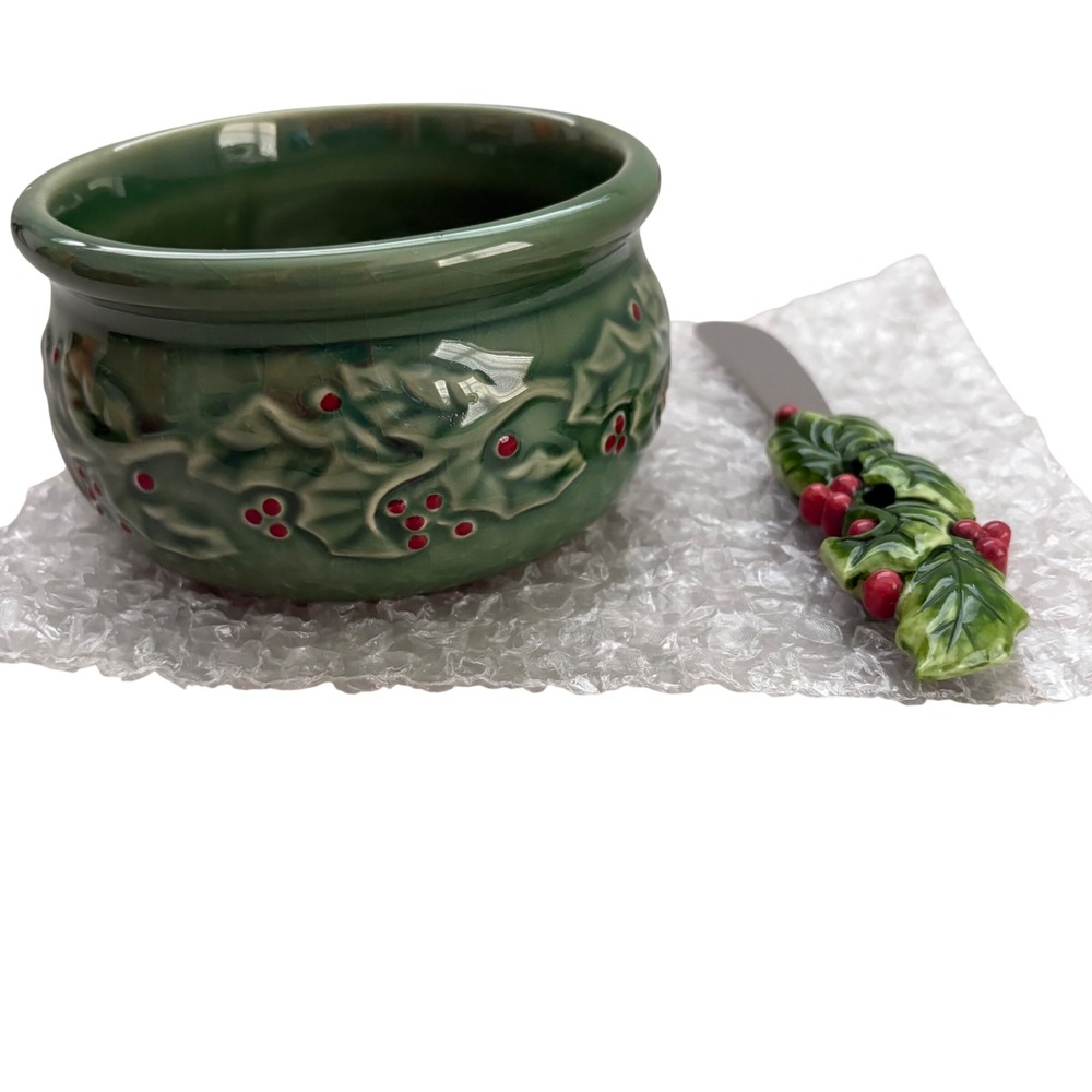 American Atelier Holly Berry Dip Bowl with Spreader Set 5244 Green Stoneware